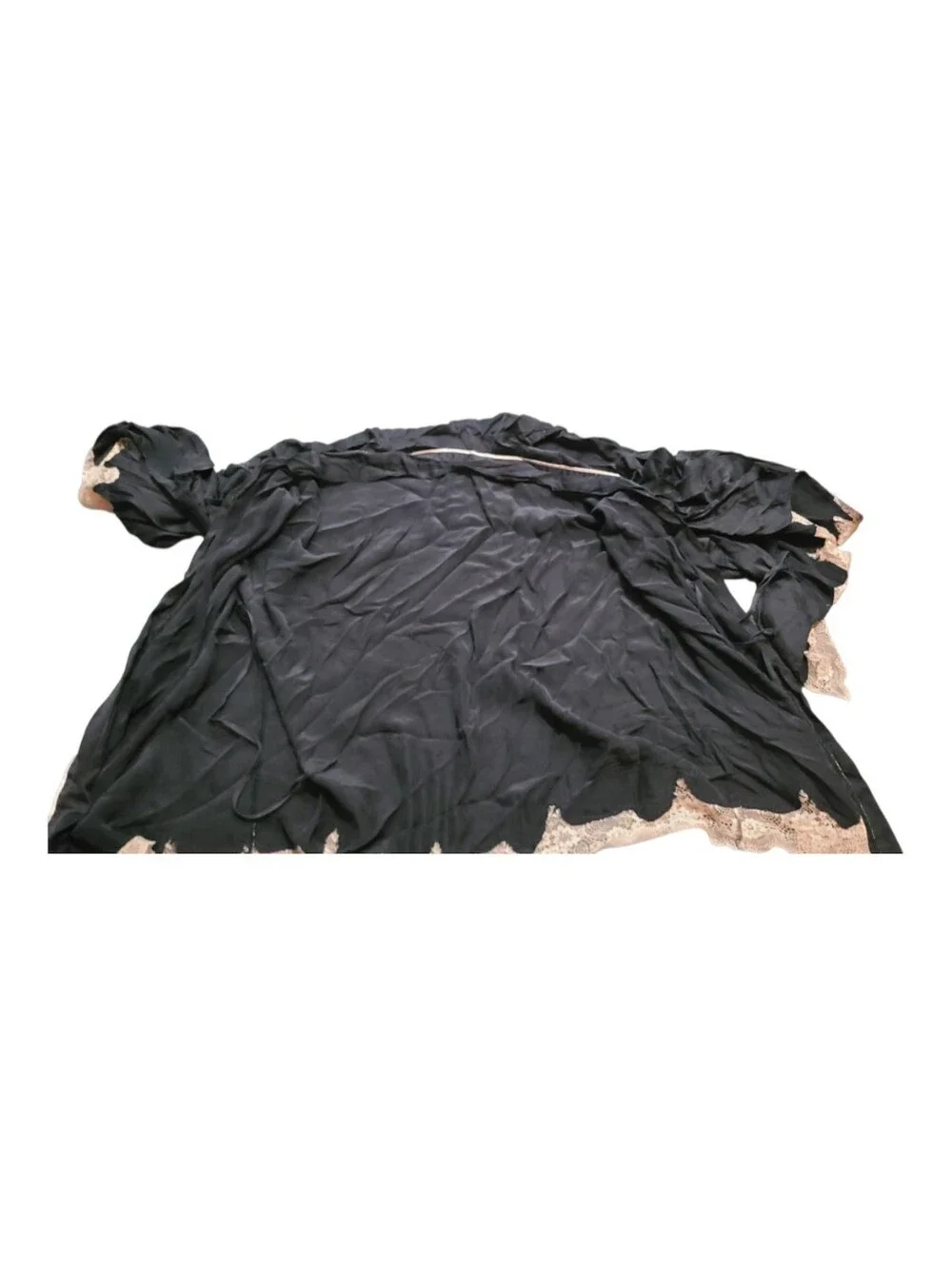 Black Lace-Trim Kimono Robe with Contrast Piping